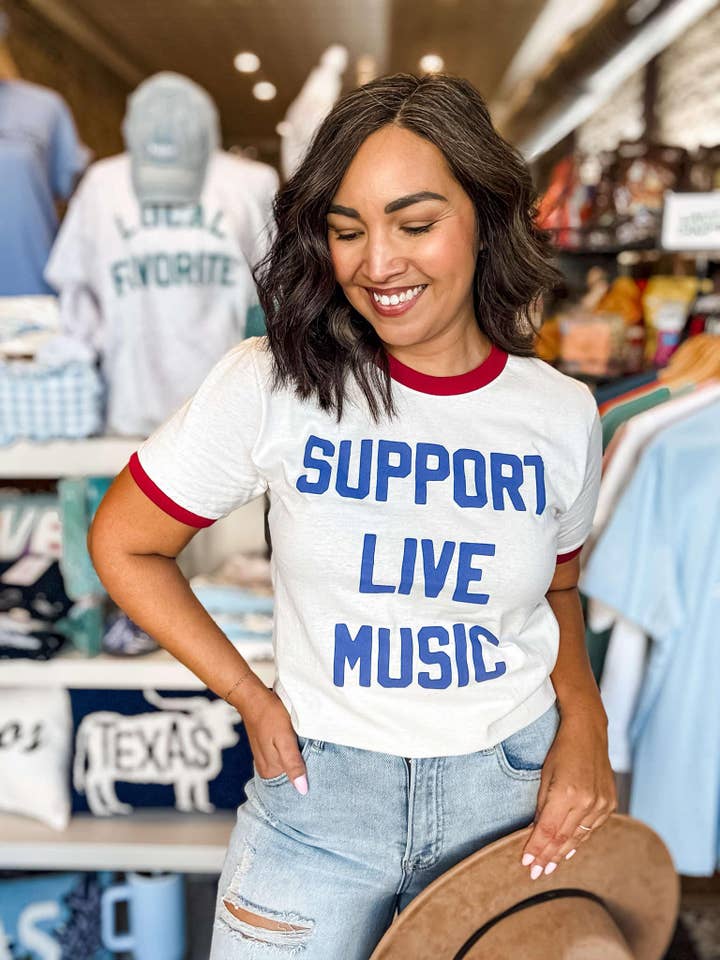 Mugsby - Wholesale Screen Printed T-Shirt - Women's - Support Live Music Vintage Ringer Shirt, Graphic Tee