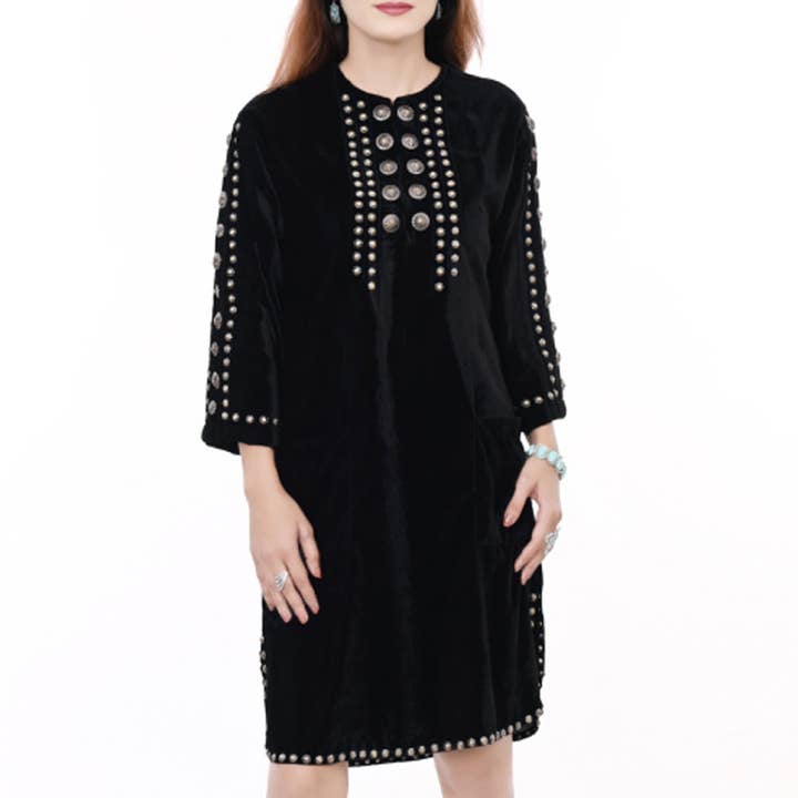 ADDR006 Women's Black Velvet Western Dress with Studded Detailing for wholesale by LS Western