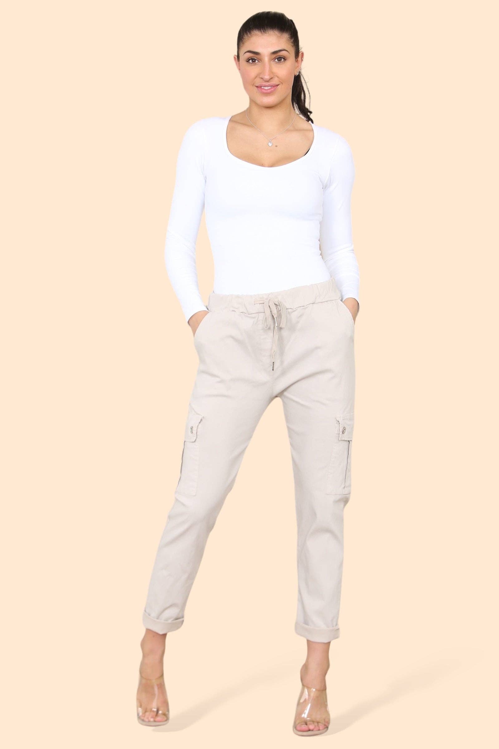 Kurt Muller – wholesale Pants – Women's – Plain Cargo Stud Pocket Bi-Stretch Magic Trousers3