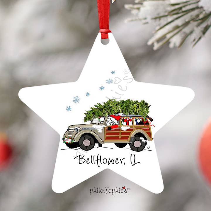 Namedrop-Weihnachtsschmuck - Weihnachtsmann im Wagen für den Großhandel von philoSophie's Stationery & Gifts