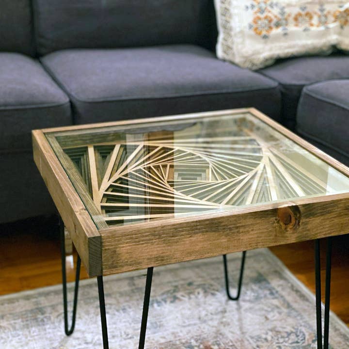 Rotating Geometric Vortex - End Table & Coffee Table with Rustic Wood Frame for wholesale by Charles River Woodworks