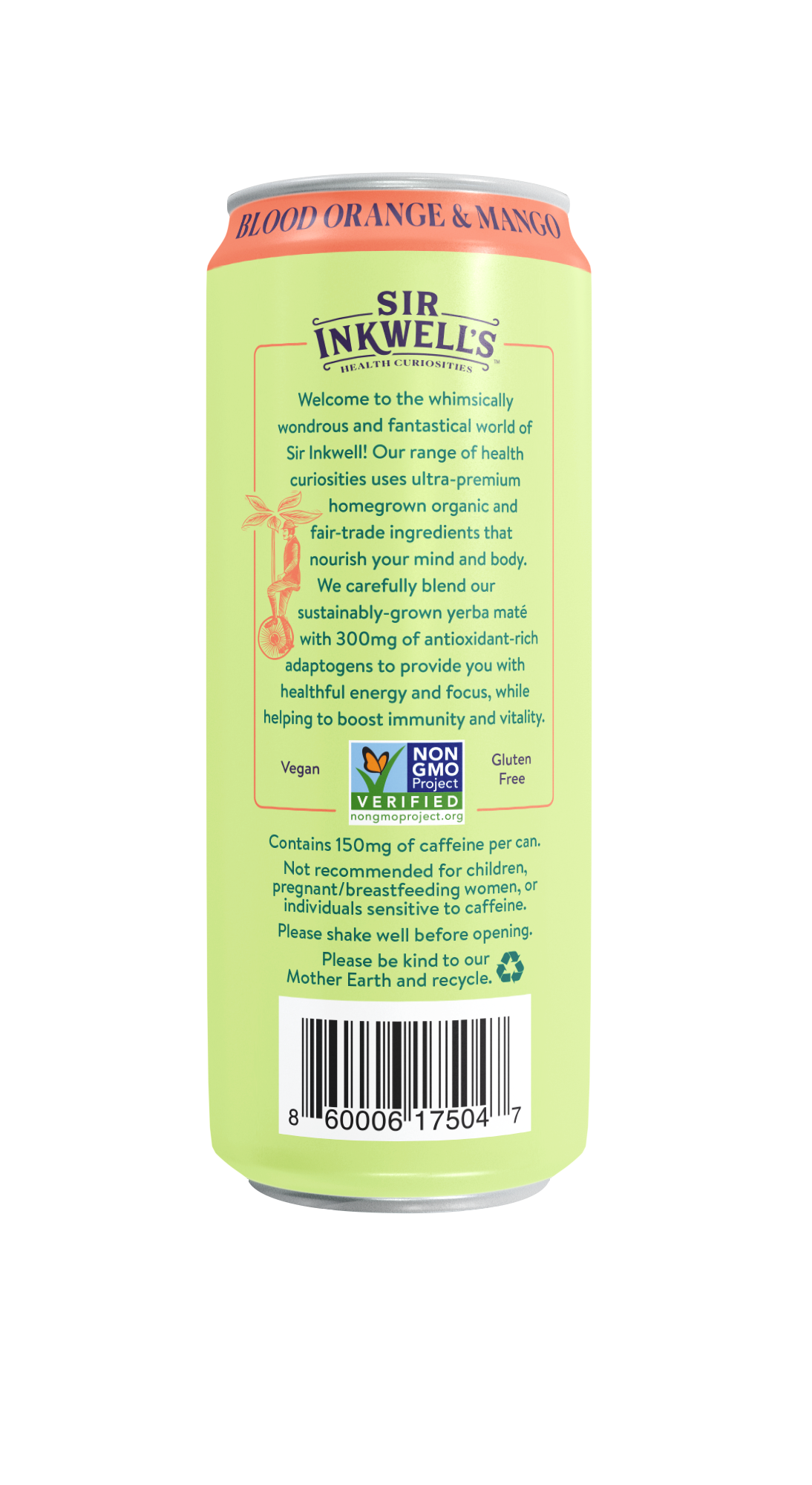 Sir Inkwell's Health Curiosities - Wholesale Health/Detox Tea - Adaptogen Infused Blood Orange & Mango Yerba Mate (12 Cans)2