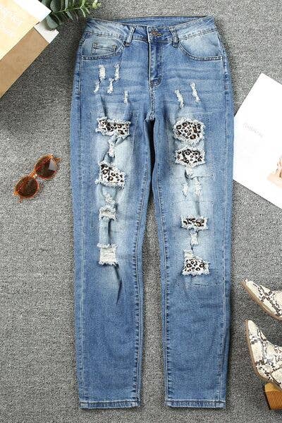 Medium Leopard Distressed Pocketed Straight Jeans for wholesale on Faire1