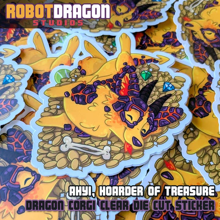 Ahyi the Dragon Corgi, Hoarder of Treasure Sticker for wholesale by Robot Dragon Studios