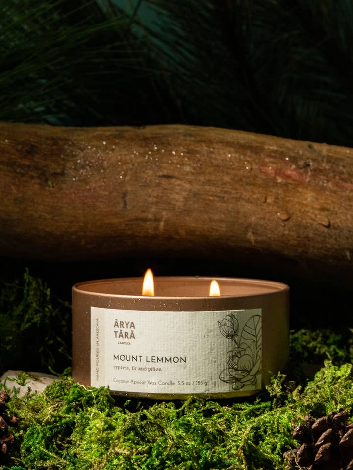 Mount Lemmon Candle | Cypress, fir, pinyon | 5.5 oz tin for wholesale by Arya Tara