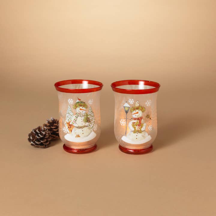 The Gerson Companies - Wholesale Candle Holder - Holiday 5.9"H Frosted Glass Holiday Snowman Design Hurricane