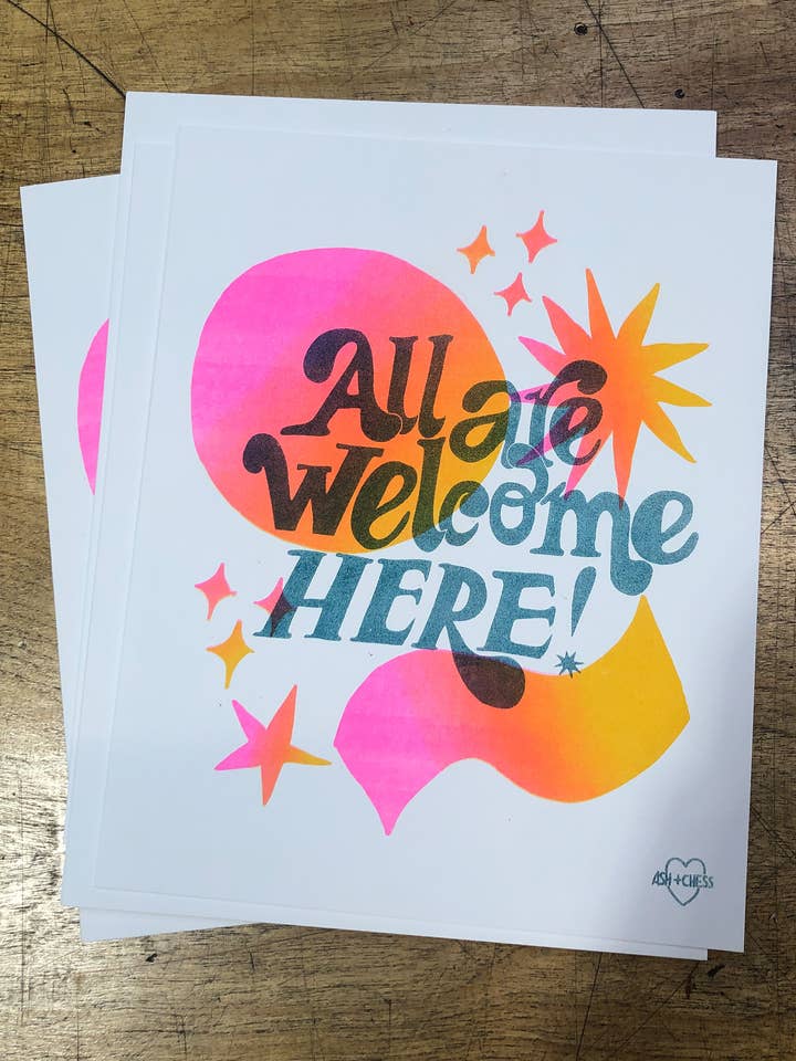 8"x10" All Are Welcome Here Risograph Print for wholesale by Ash + Chess