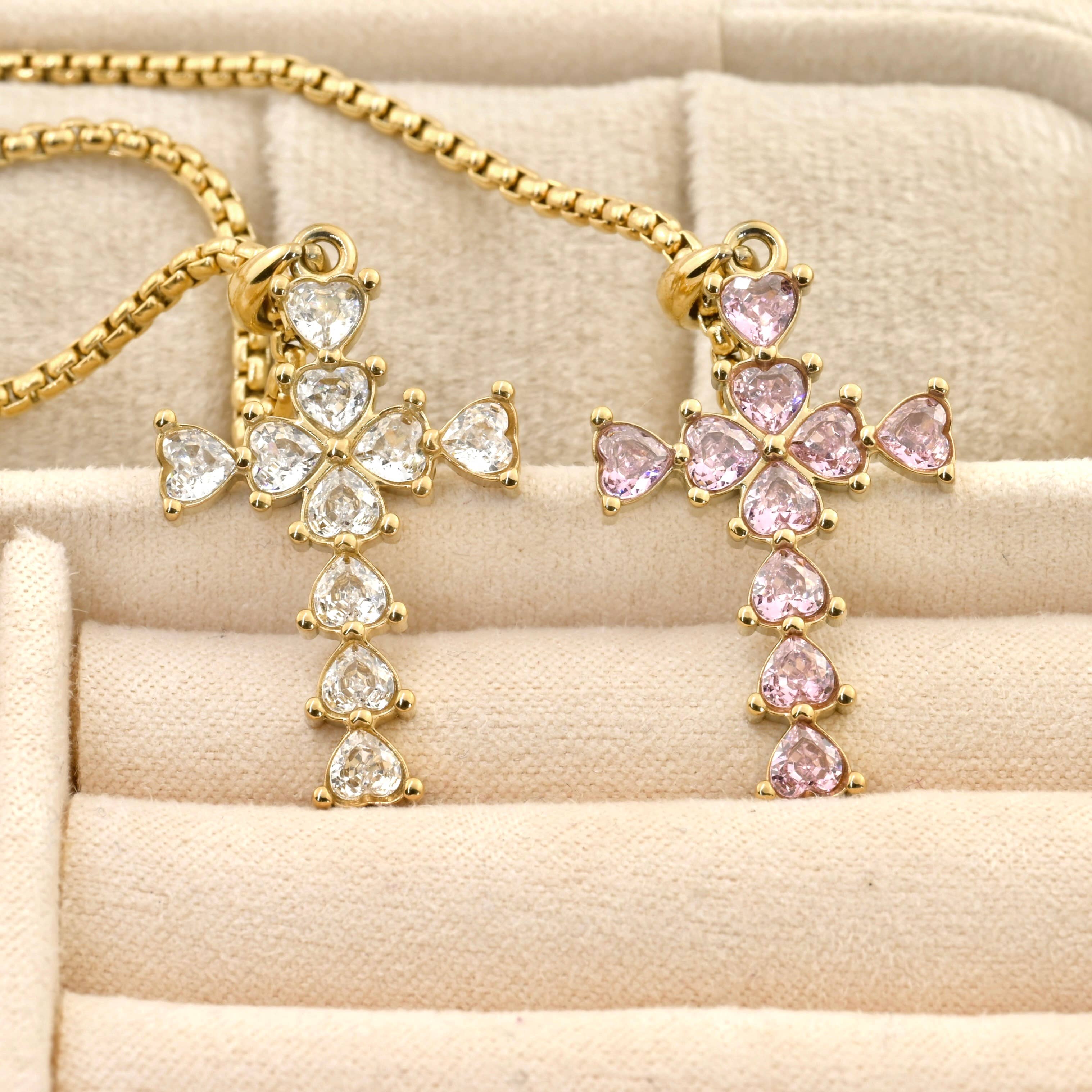 Blueyejewelry - Wholesale Pendant/Charm Necklace - Long Diamond Cross Necklace with Heart Shaped Stones3