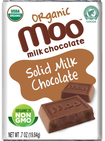 Mini-barres de chocolat au lait solide biologique, 0,7 oz pour la vente par MOO Organic Chocolates