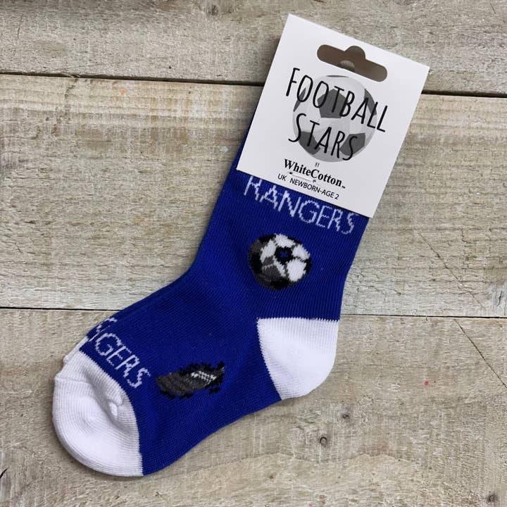 RANGERS FOOTBALL FAN BABY SOCKS (S-FB8-BABY) for wholesale by White Cotton Cards