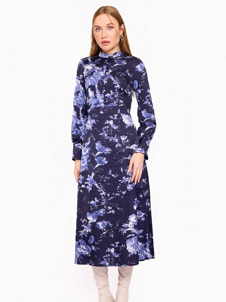 satin navy floral dress for wholesale by The Nina Collection