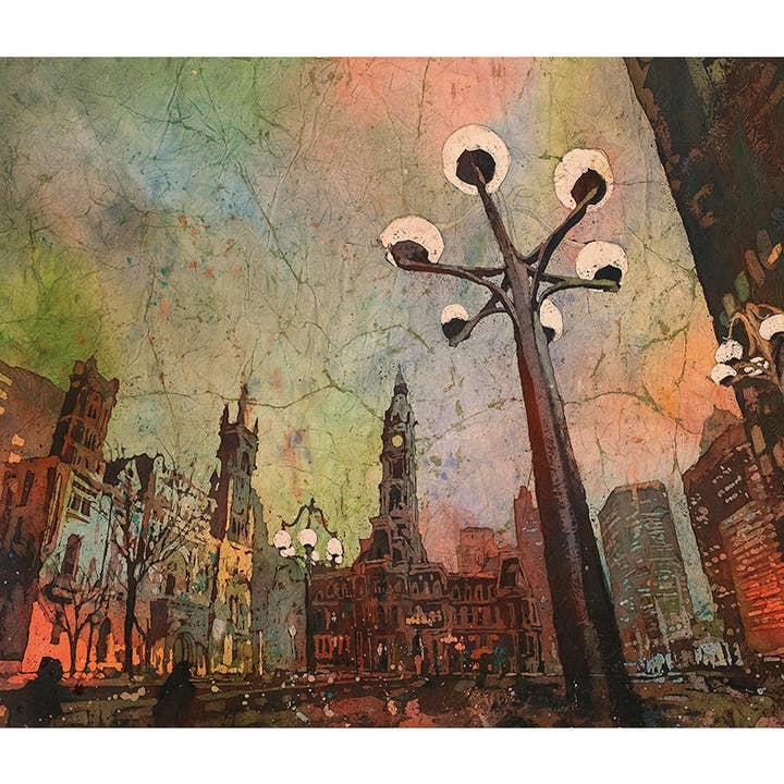 Philadelphia Rådhus ved daggry- Pennsylvania. Batik maleri akvarel maleri kunst Philadelphia skyline kunstværk akvarel batik Philly (print) for engroshandel hos Ryan Fox Fine Art