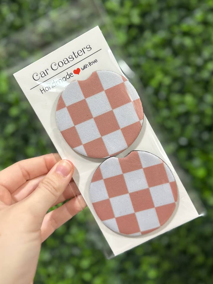 Tan & White Check Car Coaster for wholesale by SMR Wholesale