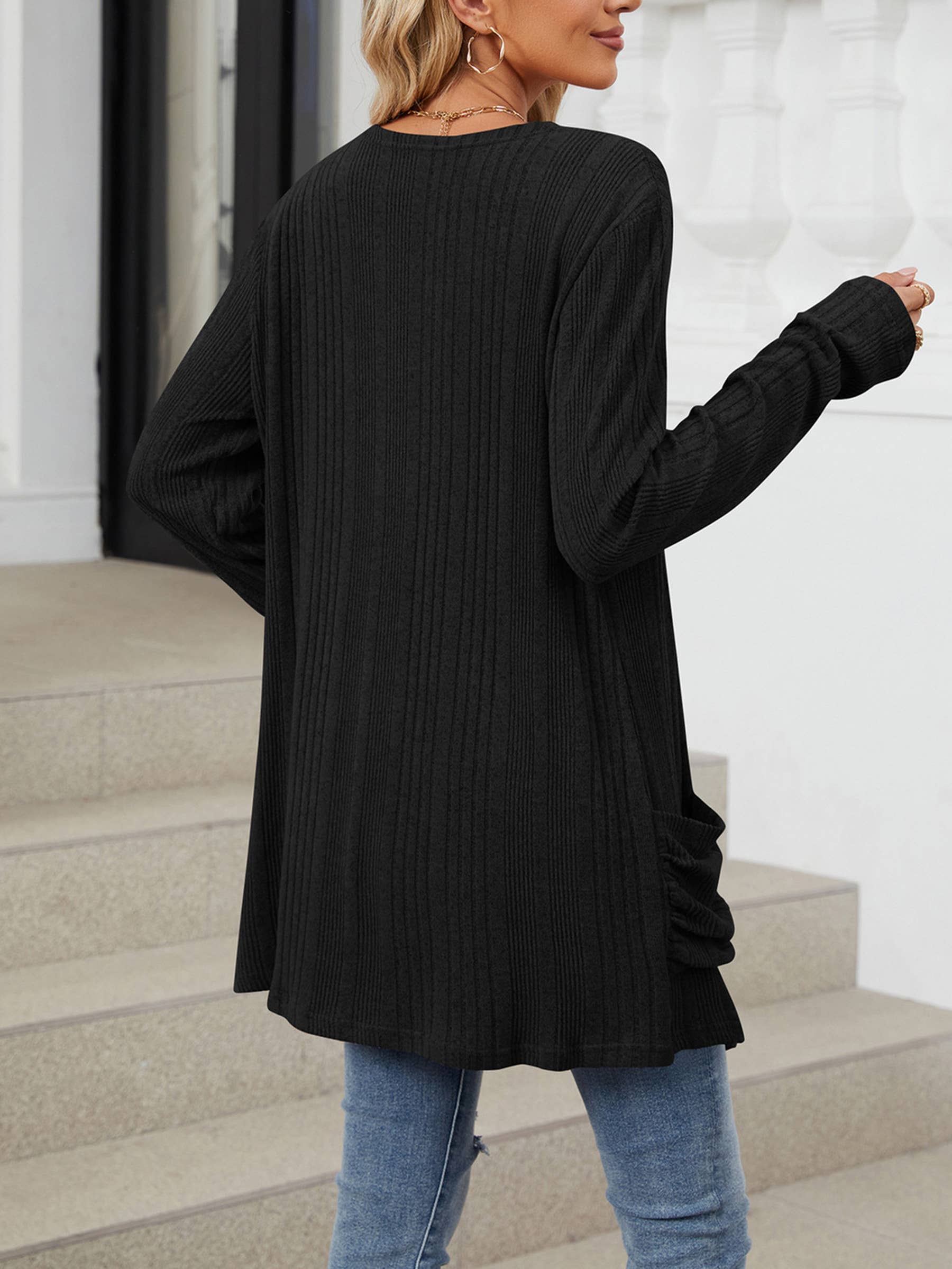 Wholesalesir - Wholesale Cardigan - Women's - Solid Color Pit Stripe Matte Pocket Long Sleeved Top7