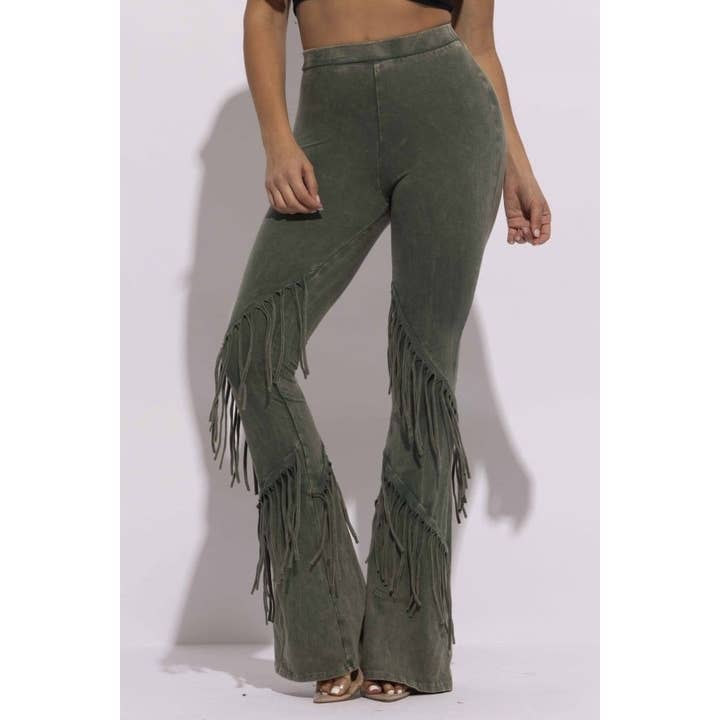 Fall Clothing Mineral Washed Fringe Flare Pants for wholesale by Black Pearl Clothing