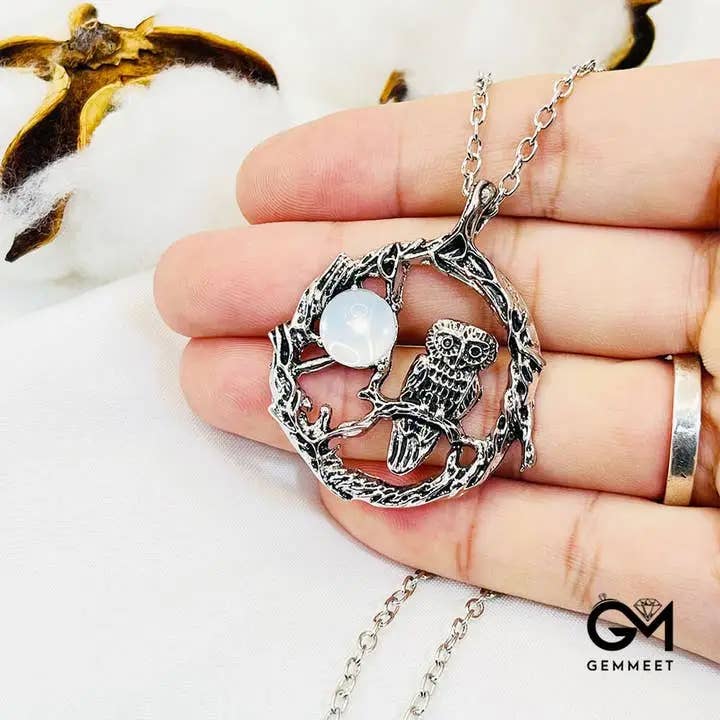 Vintage Moonstone Owl Pendant Necklace for wholesale by GemMeet