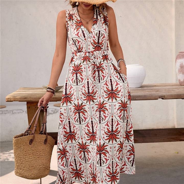 FIRE BRICK Sleeveless V-Neck High Waist A-Line Floral Print Dress for wholesale on Faire3