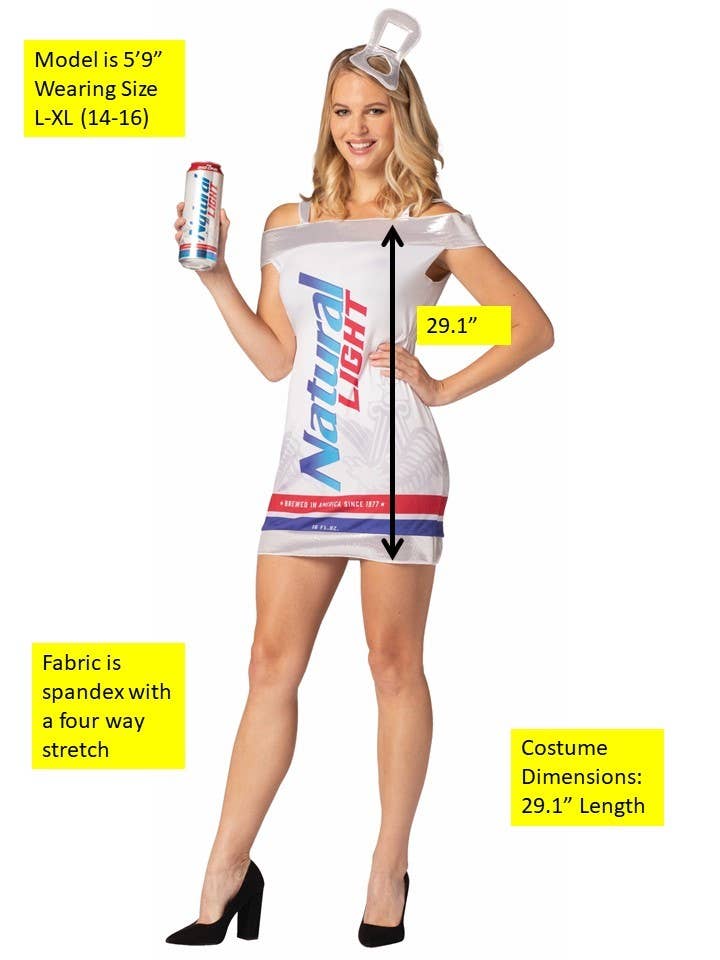 white Anheuser-Busch Natural Light Beer Can Dress Costume, 3 sizes for wholesale on Faire1
