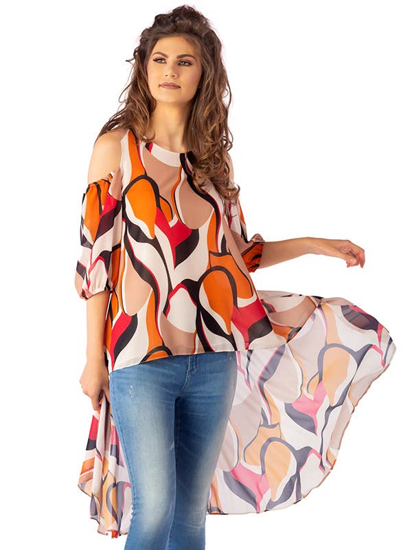 ZUMBI Fashion Store - Vendita all'ingrosso Tunica - Donna - Tunica asimmetrica in chiffon con stampa geometrica3