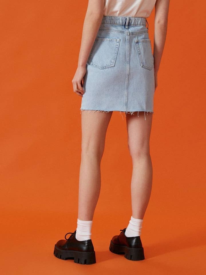 A-line Mini Denim Skirt in Light Indigo for wholesale by Usolo Outfitters