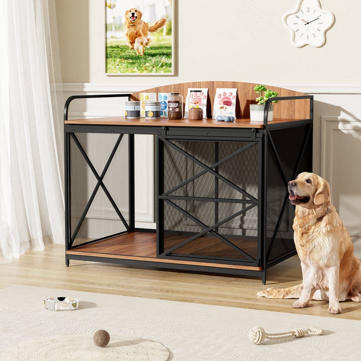 Brown Heavy Duty Large Wooden Dog Crate End Table, Farmhouse Style for wholesale on Faire