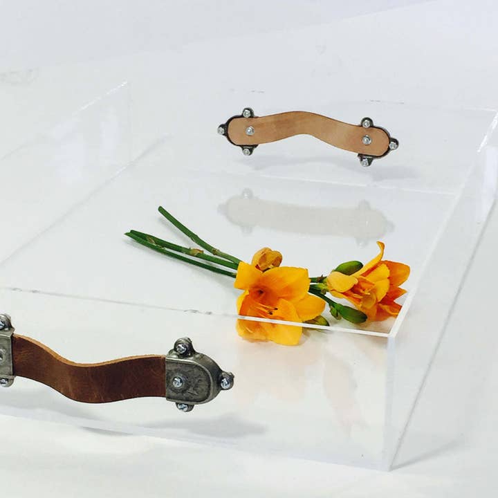 Acrylic Tray with Leather Handles for wholesale by Jamie Dietrich Designs