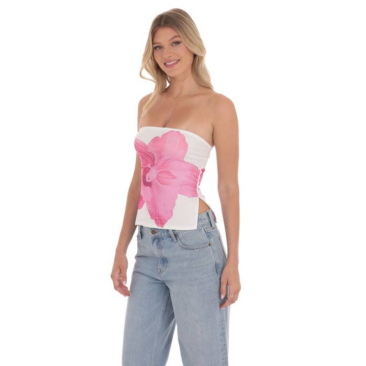 Lucy In The Sky - Wholesale Dress - Women's - Mesh Floral Slit Top in White