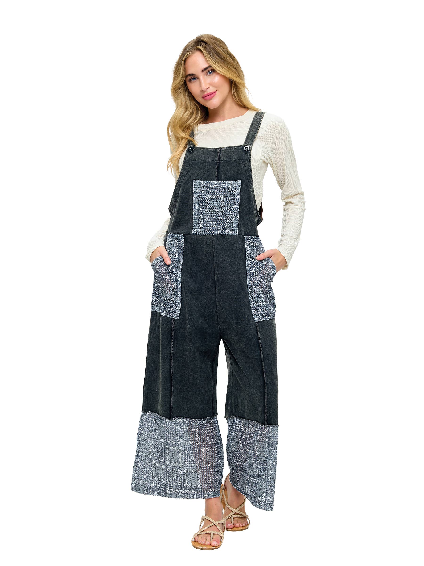 Charcoal Overall Vintage Washed Colorblock Lace Applique for wholesale on Faire3