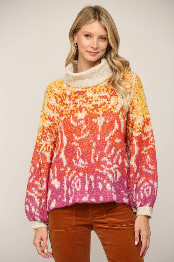 CREAM YELLOW ORANGE ABSTRACT PATTERN JACQUARD KNIT TURTLE NECK SWEATER FW9944 for wholesale on Faire2