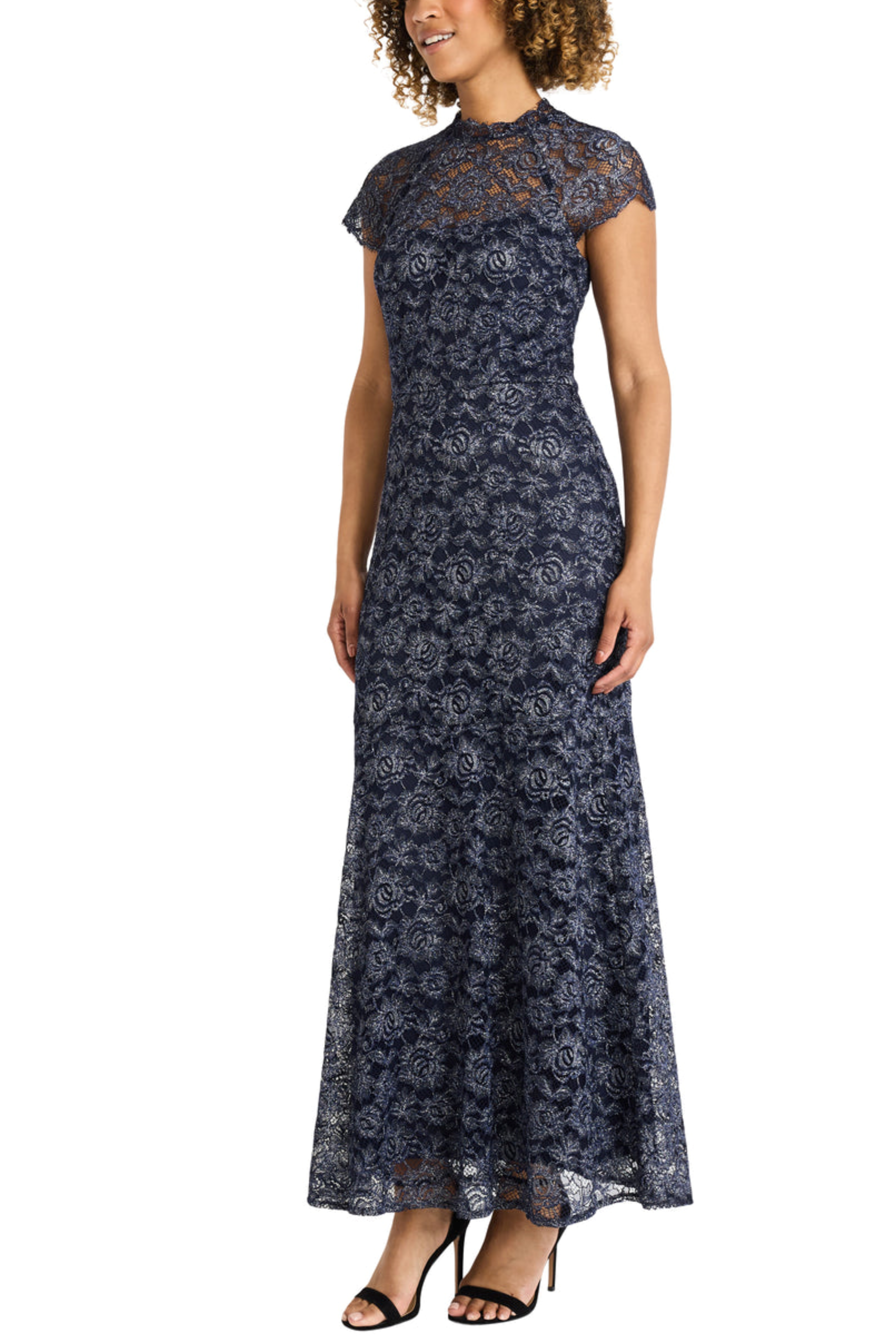 NAVY BLAZER Maggy London Illusion Neckline Metallic Lace Dress for wholesale on Faire2