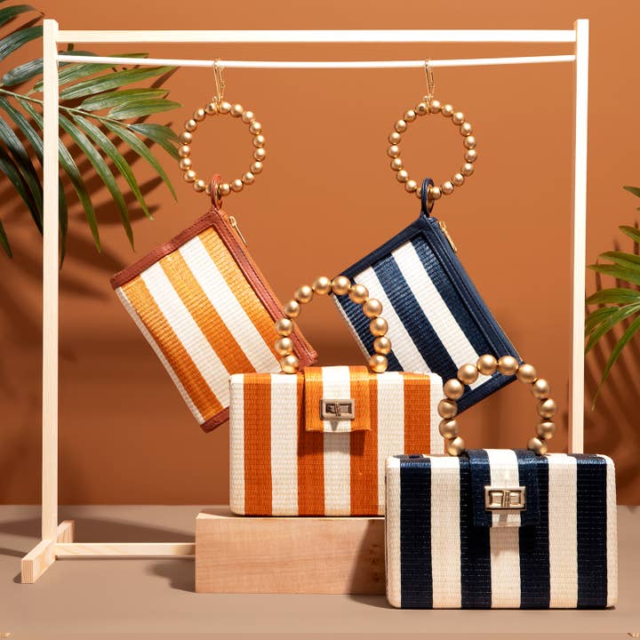 Soli & Sun - Wholesale Wristlet - Navy Blue Stripe Woven Straw Wristlet Pouch | Summer Style