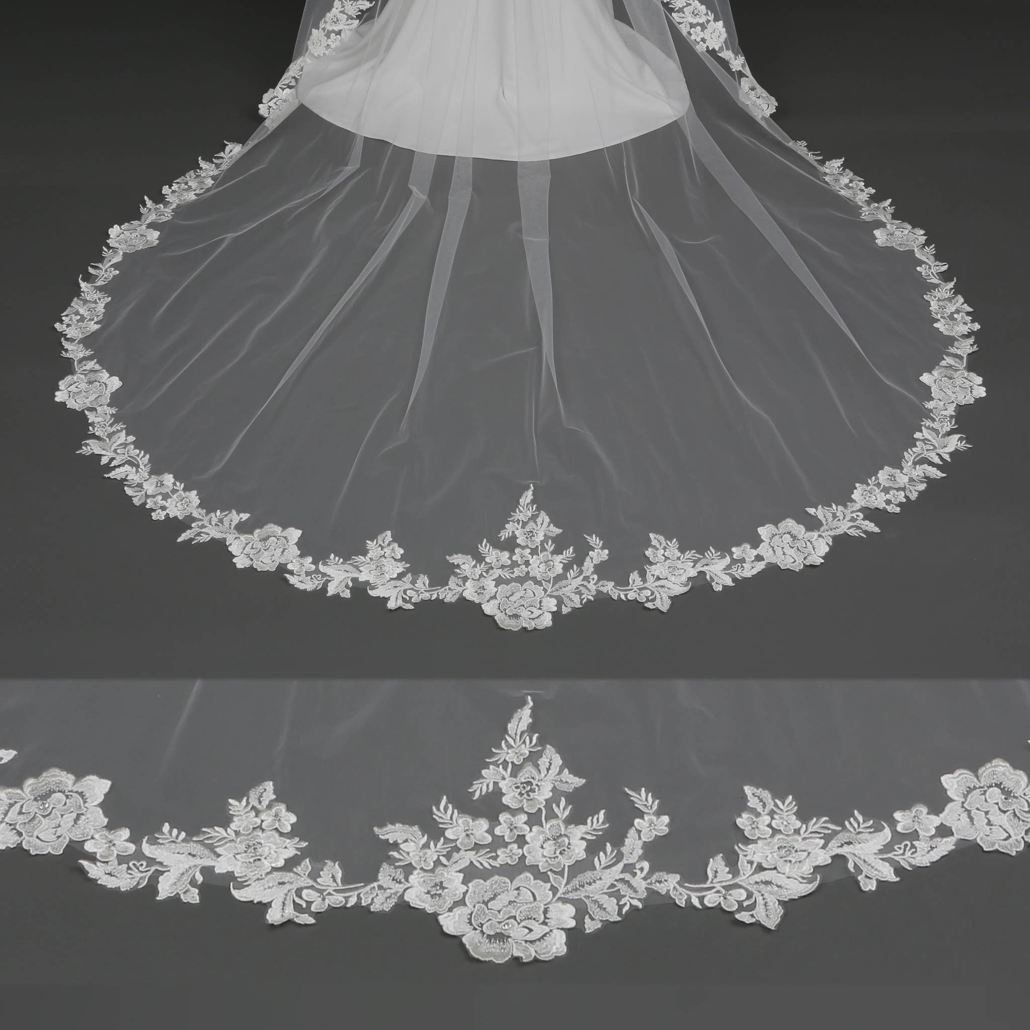 Farinosa Bridal – Großhandel Schleier – Damen – FS6221-AC Florales besticktes Spitzen-Brautkleid Engelschnitt 108"0