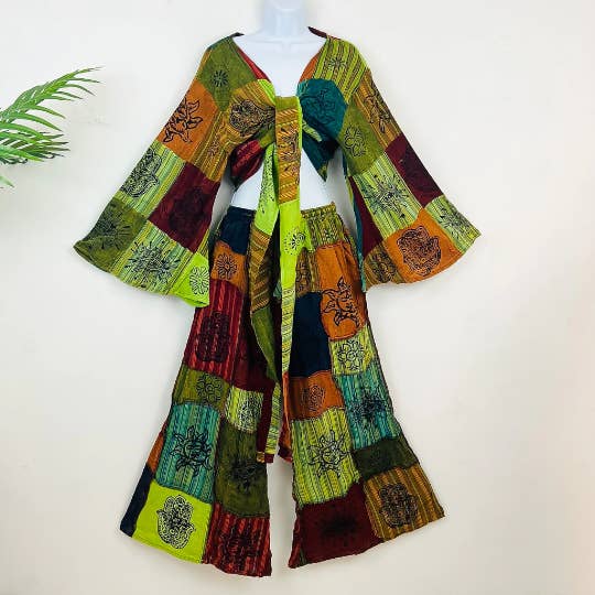Karma Nepal Crafts - Wholesale Top & Pant Set (NOT Loungewear) - Women's - Patchwork Cotton Palazzo Pant with Flare Sleeve Top3