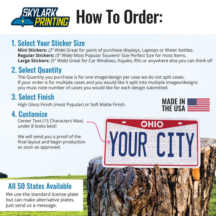 Skylark Printing - Wholesale Phone & Laptop Stickers - Ohio License Plate Souvenir Sticker with Your City