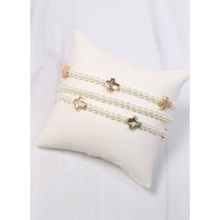 Caroline Hill - Wholesale Jewelry Set - Meynell Cross Pearl Bracelet Set CREAM