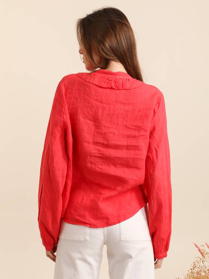 NAÏS PARIS - Wholesale Button Down Shirt - Women's - BUTTON-DOWN COLLAR SHIRT WITH RUFFLE DETAILS 100% LINEN