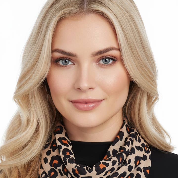 Women's Leopard Printed Infinity Scarf with Beaded Pearls for wholesale by Mellow World