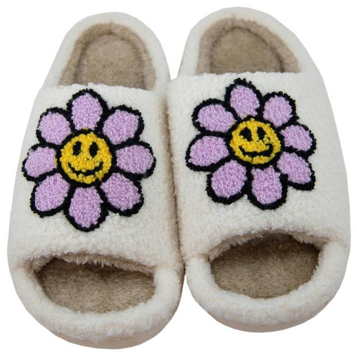 White Lavender Daisy Happy Face Open Toed Slippers for wholesale on Faire