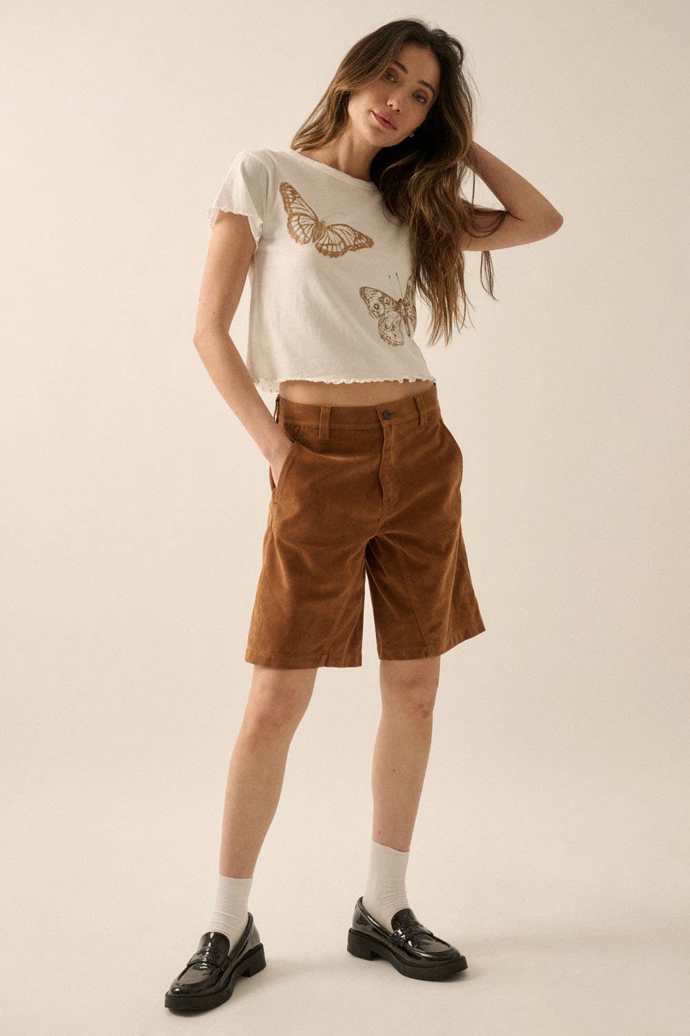 Ivory Butterflies Cropped Lettuce-Edge Graphic Baby Tee for wholesale on Faire3