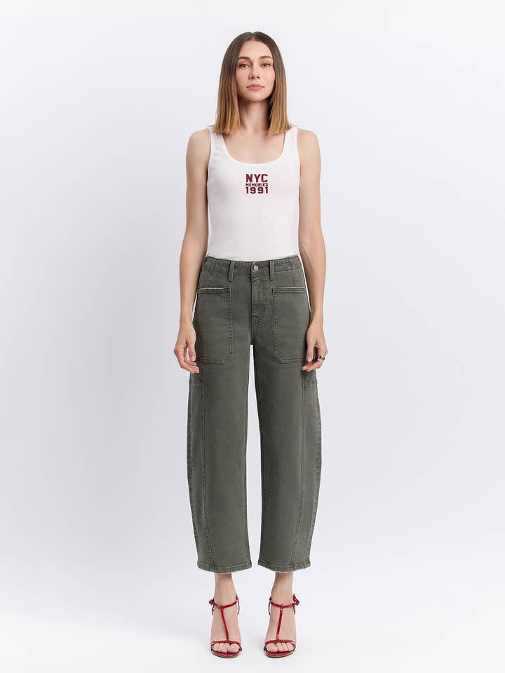 DEEP FOREST SUPER HIGH RISE ELASTIC WAISTBAND BARREL JEANS F5831DPF for wholesale on Faire