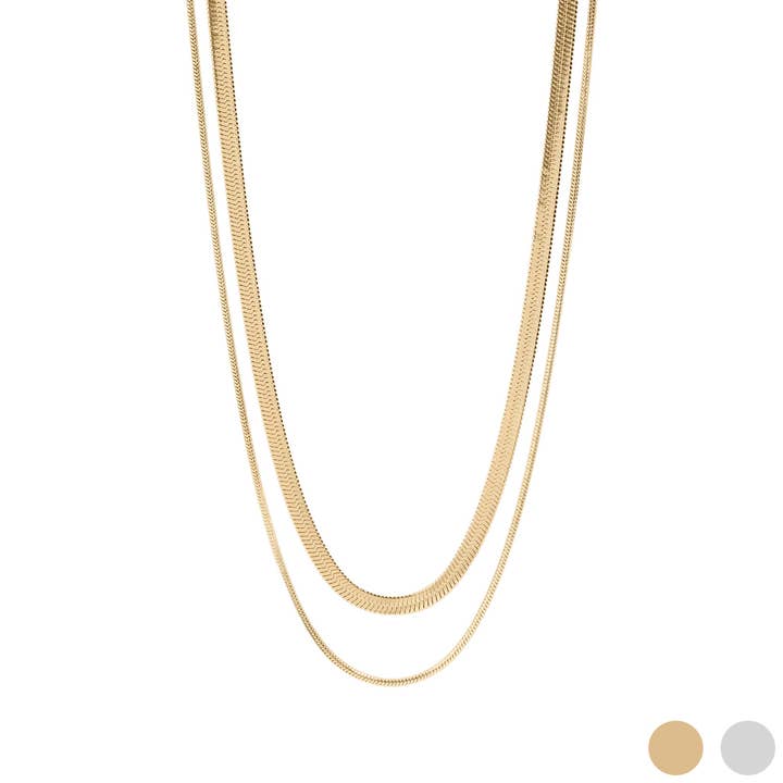 18K Gold PVD Stainless Steel Herringbone and Snake Layered Chain Necklace for wholesale by WJW
