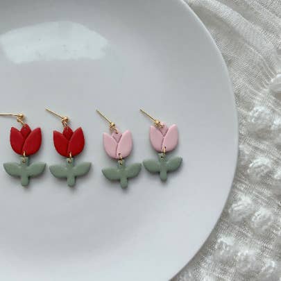 Tulip Rose Flower Polymer Clay Earrings for wholesale by Honey Dijon