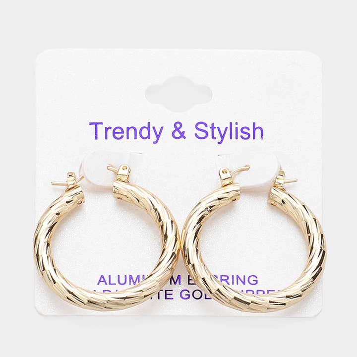 Gold Dipped Textured Aluminum Hoop Earrings for wholesale by Sensibling Corp.