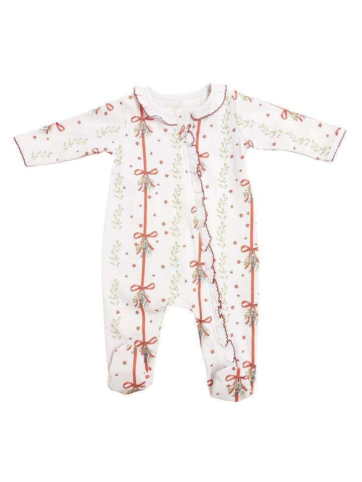 Baby Threads - Wholesale Jumpsuit - Baby - Christmas Bows & Mistletoe Print Baby Pima zippered Footie