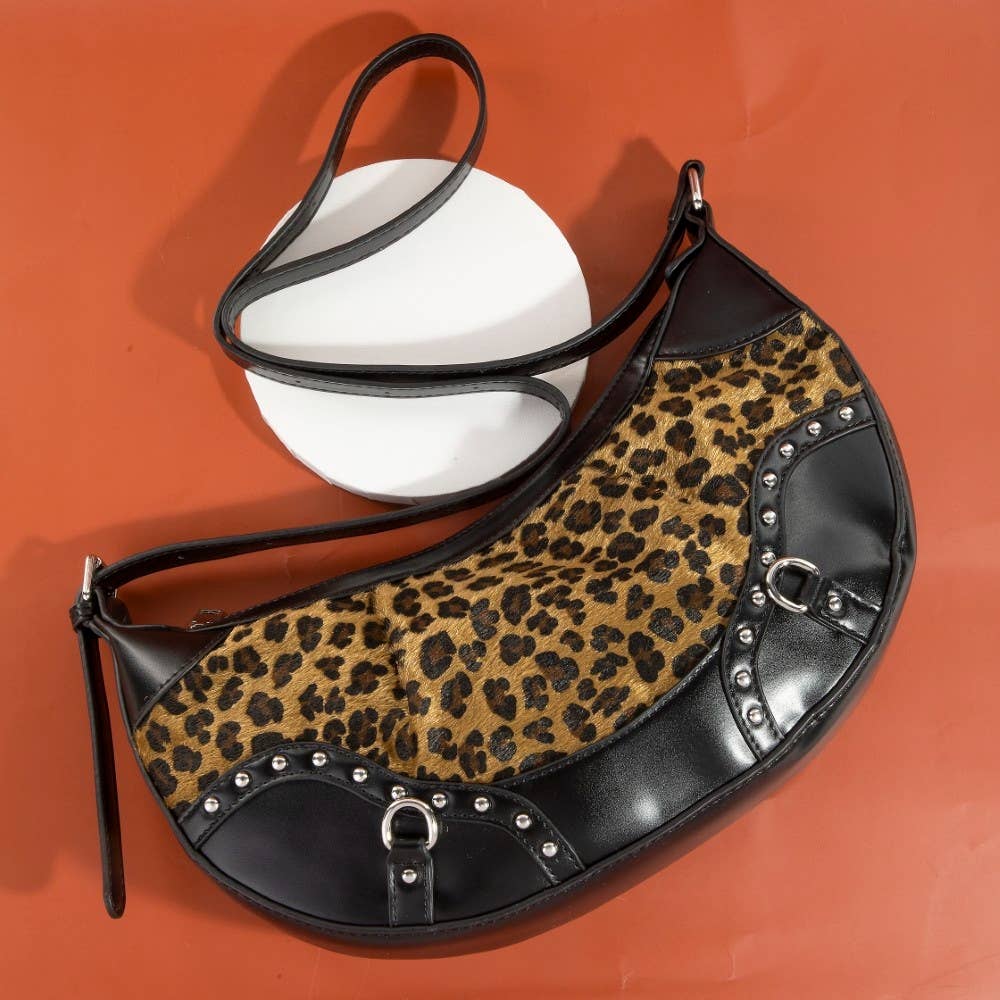 LE Mörk leopardmönstrad halvmåne axelväska för wholesale på Faire0