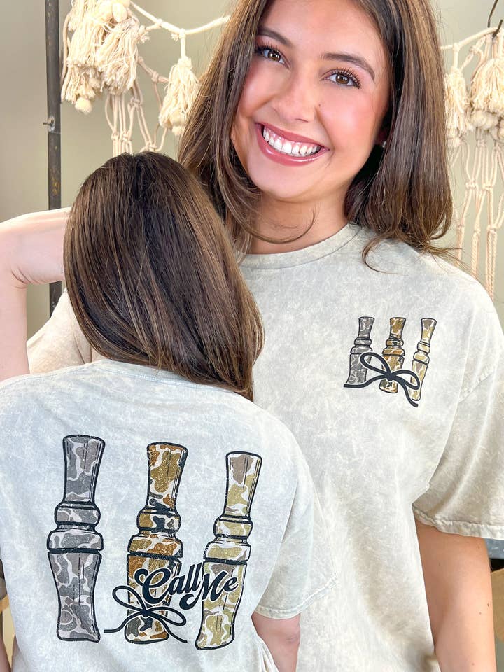 Call me Duck Calls Mineral Washed Graphic Shirt for wholesale by Sugar Stitch