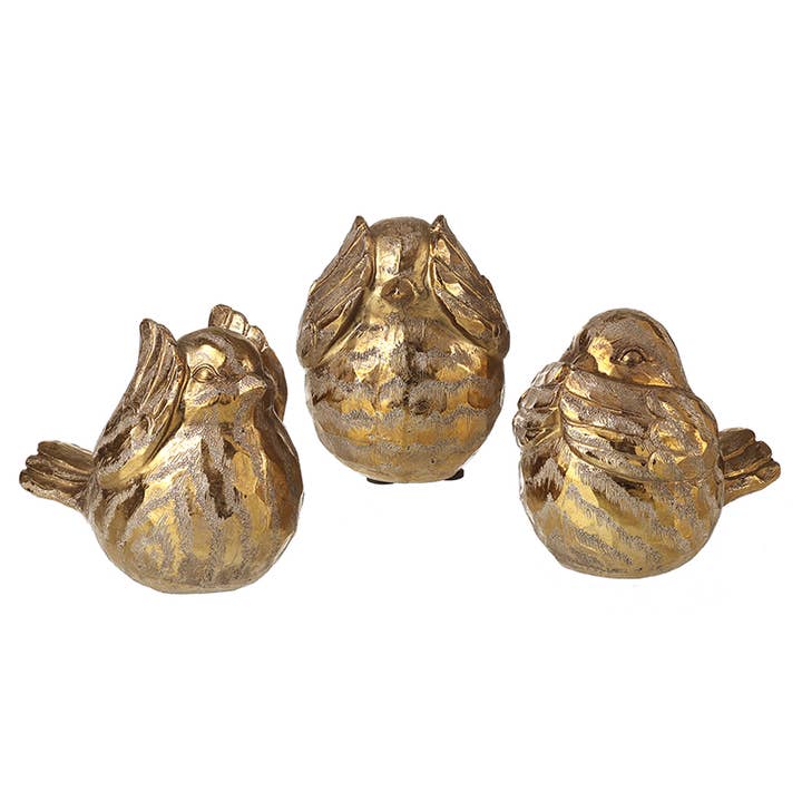 GOLD HEAR/SPEAK/SEE NO EVIL BIRDS DECOR for wholesale by Heaven Sends