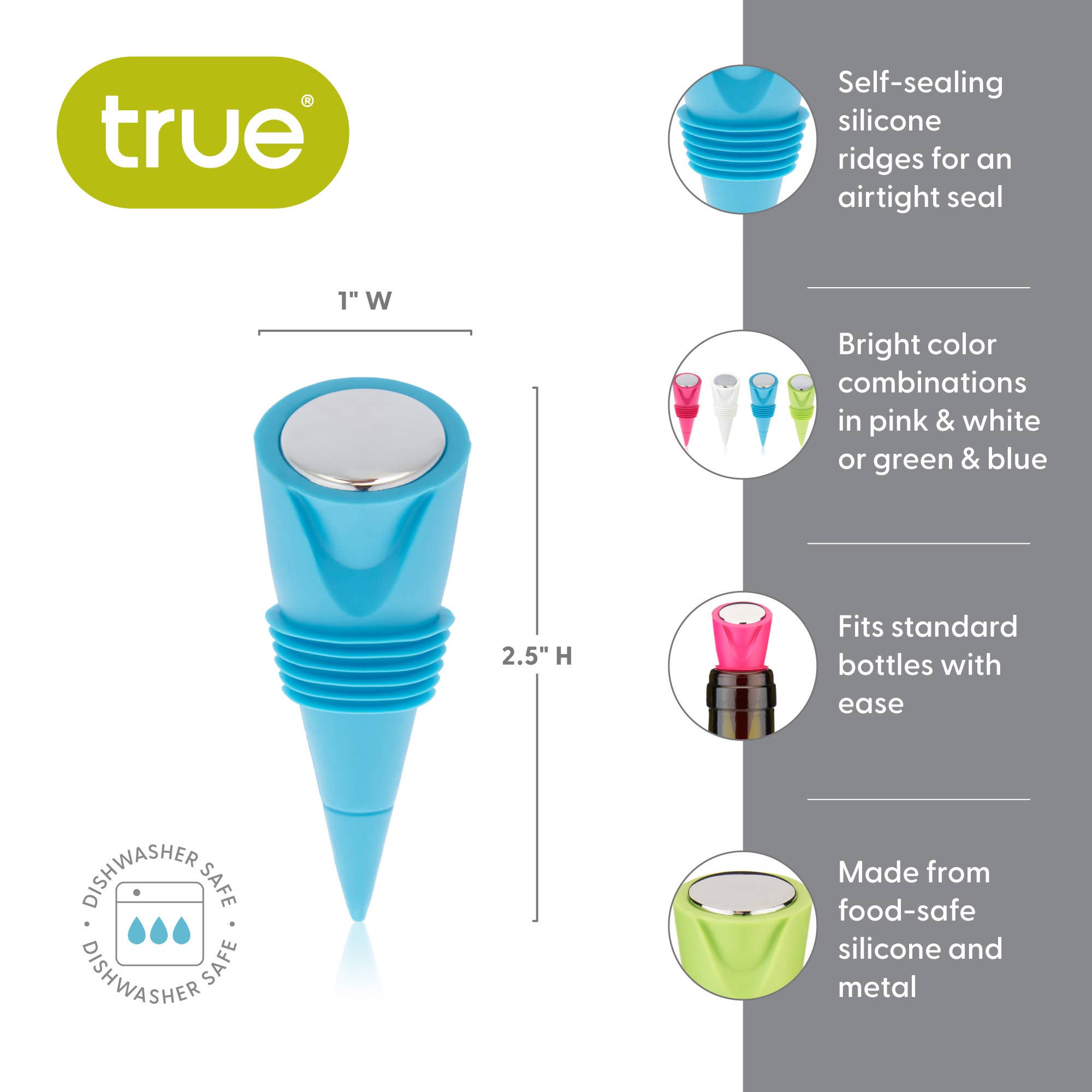 TRUE - Wholesale Wine Stopper - Cone Silicone Bottle Stoppers Set of 2 ASST COLORS4