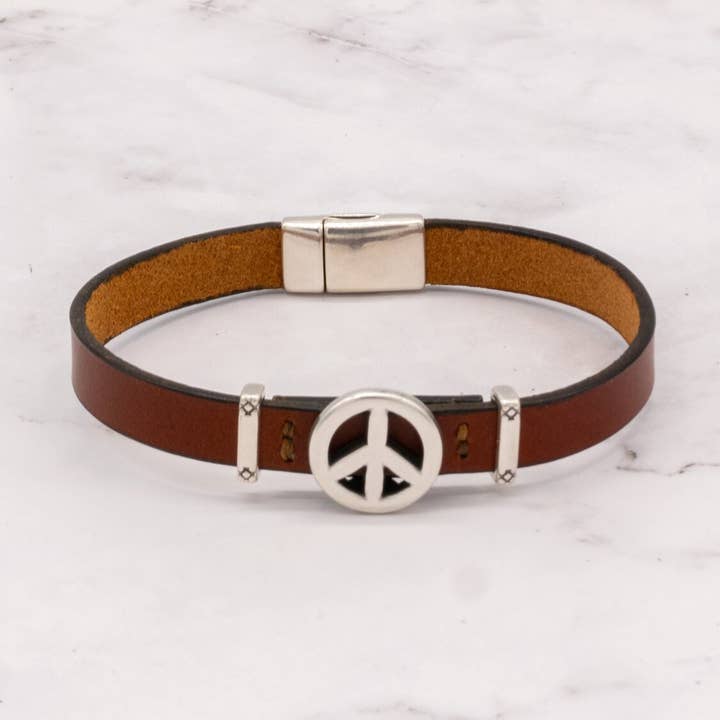 Leather Bracelet with Silver Charm & Magnetic Clasp - Peace Sign for wholesale by Arbor Trading Post