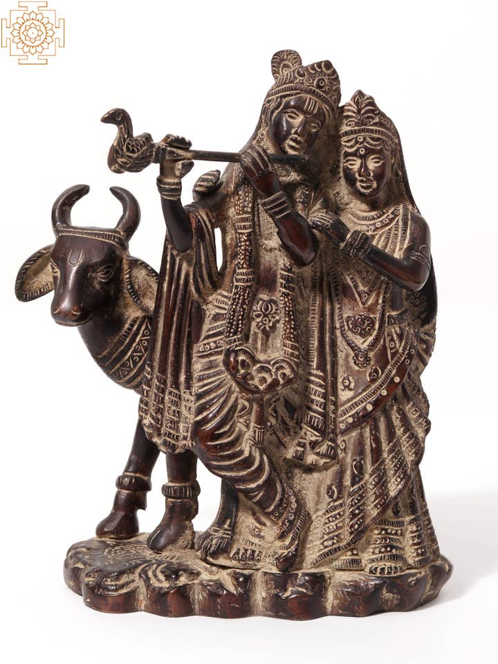 Radha Krishna debout de 6 po avec une vache | Statue en laiton pour la vente par Exotic India Art